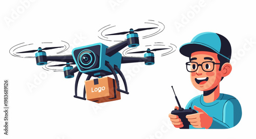 A cartoon character of a smiling man in a cap operates a drone with a package attached to deliver goods.