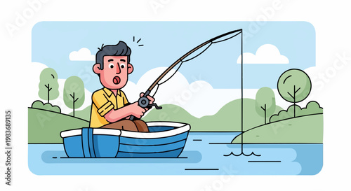 Cartoon character angler fishing in a small boat on a serene lake during a recreational outdoor activity.