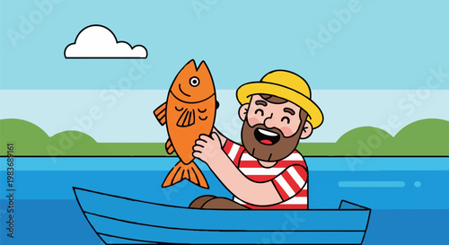 A cheerful cartoon angler holds up a large fish while lake fishing in a small boat during a fun outdoor recreational activity.