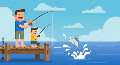 A cartoon character of a fisherman and a child fishing on a pier, enjoying lake fishing as a hobby and outdoor recreational activity.