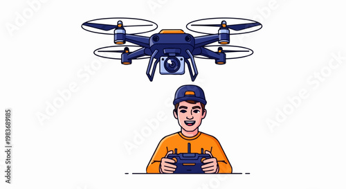 A happy man with a drone controller enjoys lake fishing as a hobby.