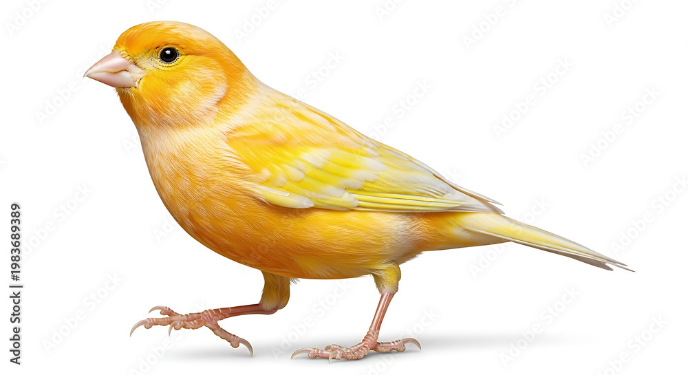 Fototapeta premium A vibrant yellow canary standing on a plain white background