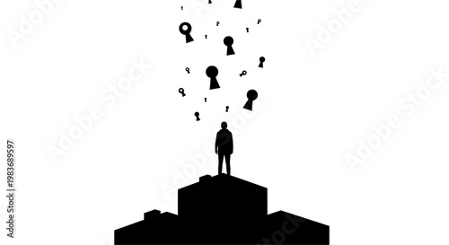 Man standing on hill with question marks.