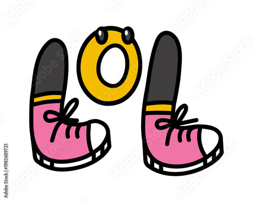 Word LOL made from Legs and Surprised emotion. Pair of feet in trendy pink Sneakers. Funny shocked Face. Colored Scribble doodle. Youth slang. Primitive infantile image. Isolated. Vector illustration