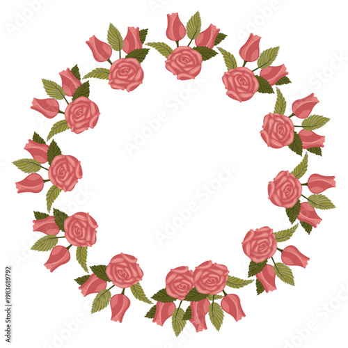 A wreath of dusty pink, lush roses and buds for your design. Vector illustration isolated on a white background.