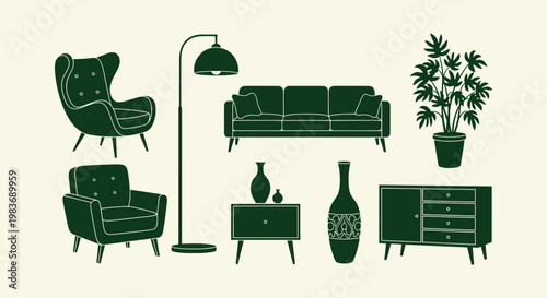 Green Mid-century Modern Furniture Icon Set with Sofa Chairs Lamp and Potted Plant Vector Graphics.