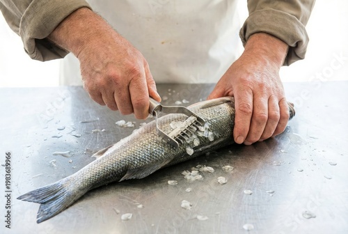 Chef hands using a metal scaling tool to aggressively remove the scales from a whole raw sea bass fish