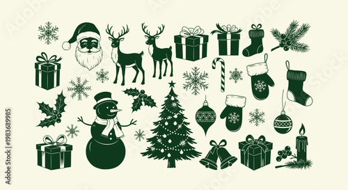 Collection of Vintage Green Christmas Silhouettes with Santa Reindeer Snowman and Gift Box Icons
