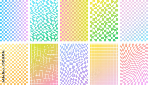 Psychedelic checkerboard wavy background big set. Groovy Y2k dreamlike gradient checkered pattern clip art. 