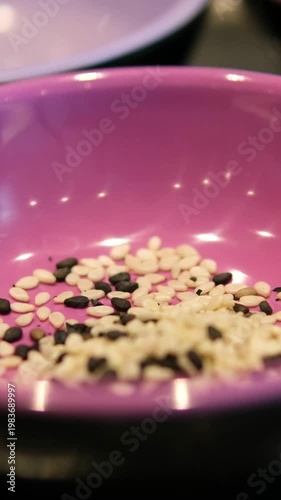 Sushi ingredients tray tempura shrimp sesame tuna salmon small fish Japanese cuisine