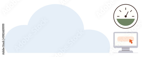 Cloud storage, data analysis, performance monitoring, remote access, digital hosting, technology. A cloud, performance meter computer screen with cursor. Cloud storage and data analysis concept