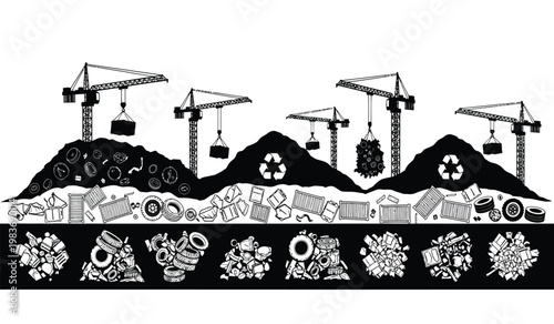 A stark depiction of a junkyard landscape with multiple cranes lifting debris over large waste piles presented as a silhouette high quality professional detailed
