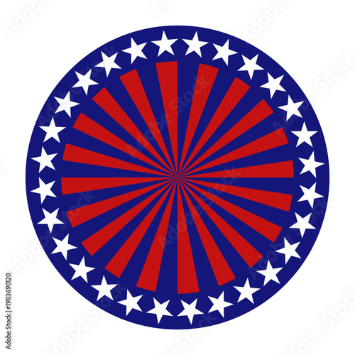 American patriotic circular badge with red sunburst rays and white stars ring. Vector illustration