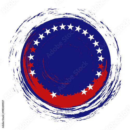 American patriotic circular brush frame with stars on blue circle and red grunge strokes