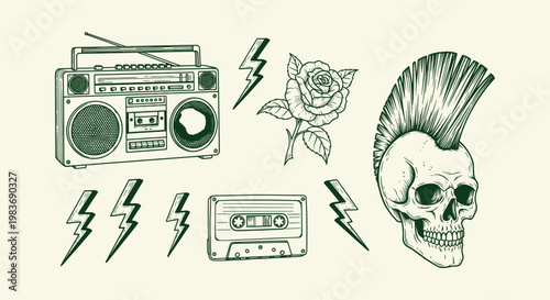 Hand Drawn Retro Punk Rock Music Icons Set with Mohawk Skull Boombox Cassette Rose and Lightning.