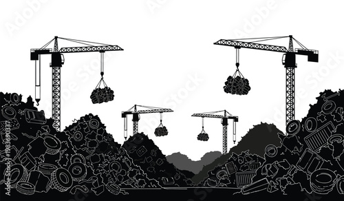 A stark black and white illustration depicts construction cranes amidst a landscape of debris and waste creating a powerful silhouette high quality professional detailed
