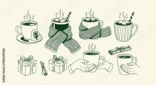Hand drawn cozy winter drink collection with mugs of cocoa, marshmallows, scarf and gift boxes.