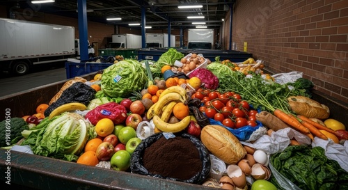 A large bin overflowing with a variety of fresh fruits and vegetables in a warehouse setting with br
