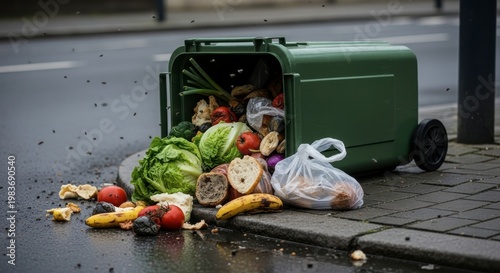 A green trash can with its lid open on a wet sidewalk with food waste scattered around it on a city
