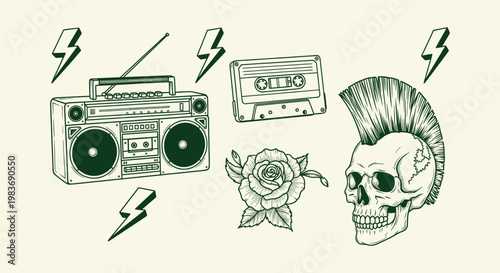 Retro Punk Rock Illustration Set with Boombox Skull Mohawk Cassette Tape Rose and Lightning Bolts