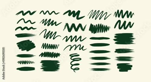 Fotografie Collection of dark green hand-drawn artistic brush strokes scribbles and zigzags