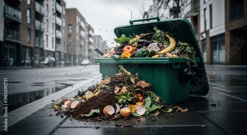 A green trash can filled with food waste on a wet city street with buildings in the background and s