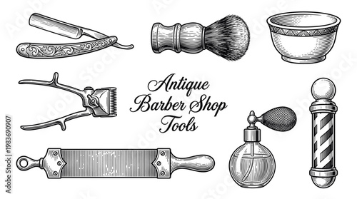 Vintage Engraving Style Barber Shop Tools Vector Illustration Set Featuring Straight Razor Shaving Brush and Barber Pole