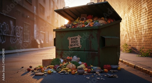 a green dumpster overflowing with trash on a city street city street close up detail view trash wast