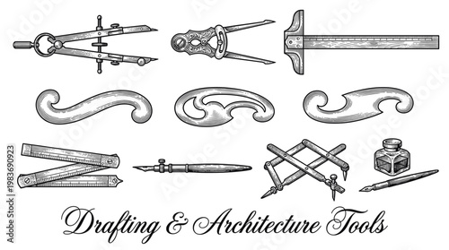 Vintage Architecture and Drafting Tools Vector Illustration Set in Woodcut Style Featuring Compass T-Square French Curves and Engineering Instruments