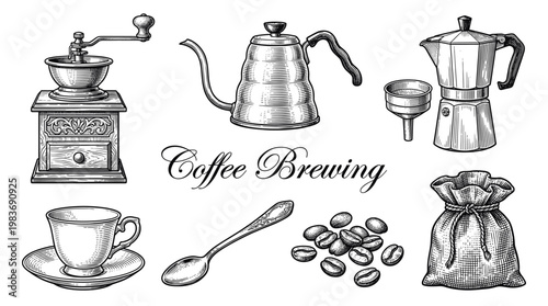 Vintage Coffee Brewing Equipment Set Vector, Engraved Style Illustration with Coffee Grinder, Moka Pot, Gooseneck Kettle, Beans, and Cup for Barista and Cafe Design
