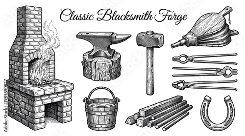Vintage Blacksmith Forge Tools and Workshop Equipment Vector Illustration Set