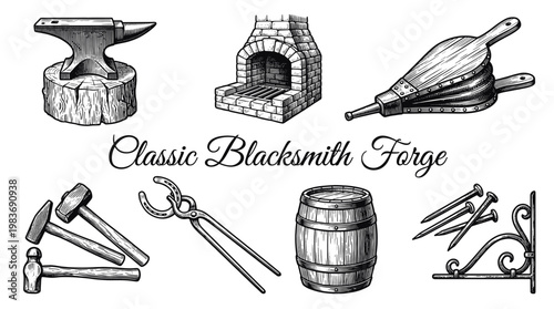 Vintage Blacksmith Forge Tools Set with Anvil, Hammers, Bellows, and Furnace. Hand Drawn Engraving Style Vector Illustration of Forging Equipment for Metalwork and Craftsmanship.