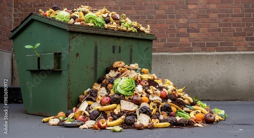 A large green dumpster overflowing with rotting food waste on a city street in front of a brick buil