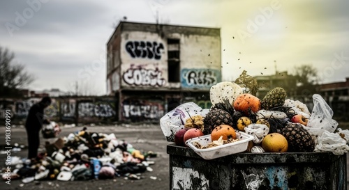 a dumpster filled with rotting fruit and garbage on a cloudy day abandoned building close up detail