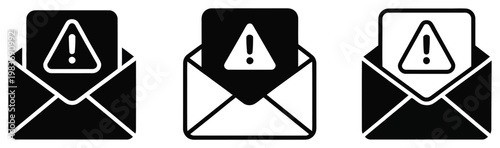Spam Email warning icons black and white envelope alert symbols set for cybersecurity messaging interface design, phishing notification