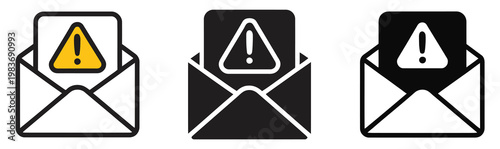 Spam Email warning icons black and white envelope alert symbols collection isolated vector set, online security phishing protection warning system