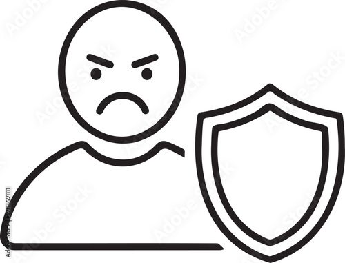 Angry man avatar silhouette. Furious boy face expression icon. Mad person character symbol. Annoyed young man outline illustration.