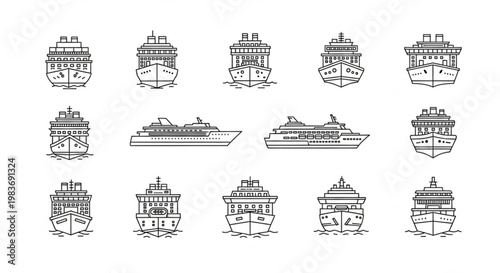 Set of cruise ship icons in thin line art style