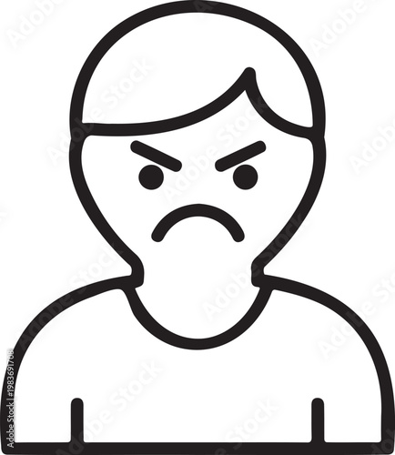 Angry man avatar silhouette. Furious boy face expression icon. Mad person character symbol. Annoyed young man outline illustration.