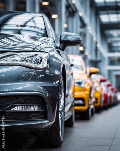 Luxury cars lineup in modern showroom premium automotive retail dealership choice concept