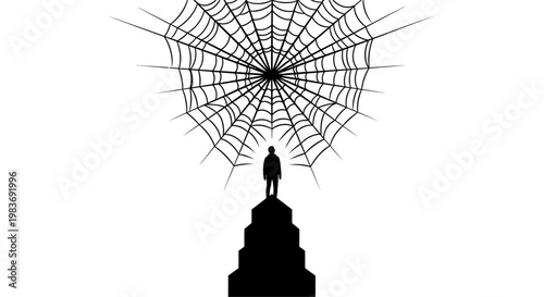 Silhouette of a person on a pedestal under a spider web.