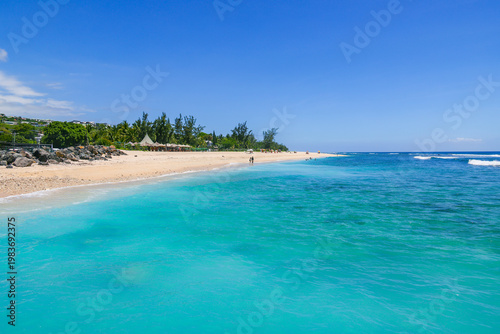 Scenic tropical landscape of Saint Gilles Les Bains beach, Reunion Island, Africa	