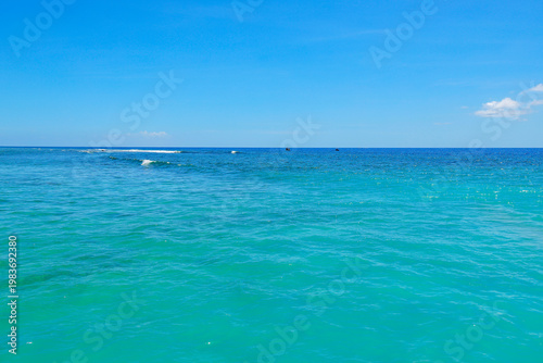 Scenic tropical landscape of Saint Gilles Les Bains beach, Reunion Island, Africa	