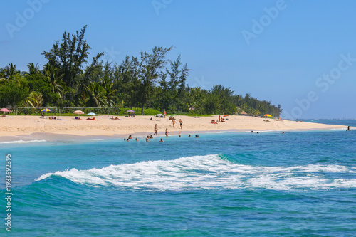 Scenic tropical landscape of Saint Gilles Les Bains beach, Reunion Island, Africa	