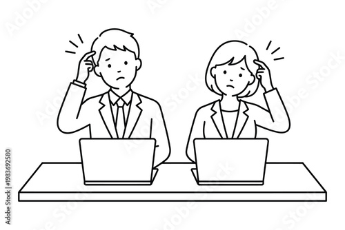 Confused business people working on laptops with confusion computer question illustration thinking uncertainty