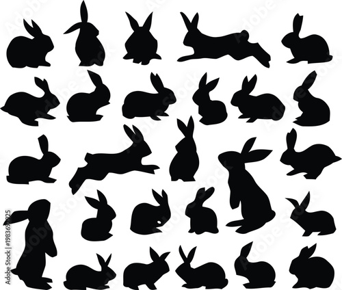 Set of black rabbit silhouettes in vector style featuring various animal shapes and pet icons in a simple artistic collection