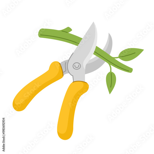 Garden pruner cutting a green tree branch with leaves isolated on transparent background. Vector hand garden secateurs for pruning plants, bushes and trees.