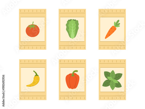 Set of vegetable seed packets isolated on transparent background. Vector collection of pouches with tomato, lettuce, carrot, pepper, and basil illustrations for spring planting.