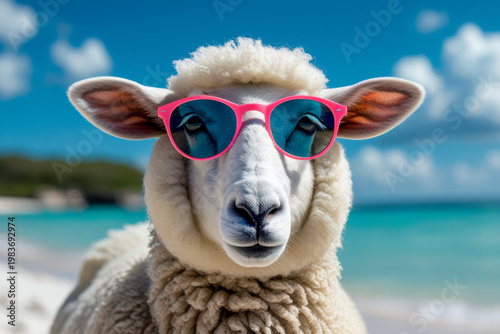 Portrait of sheep farm animal pet on background summer sandy beach sea coast seascape AI Generative