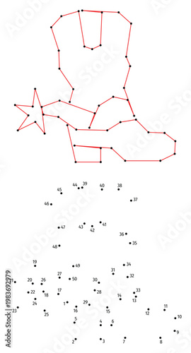 A cowboy boot with a spur. Connect the dots educational drawing game. Dot to dot by numbers puzzle. Google Font Fira Sans Condensed.